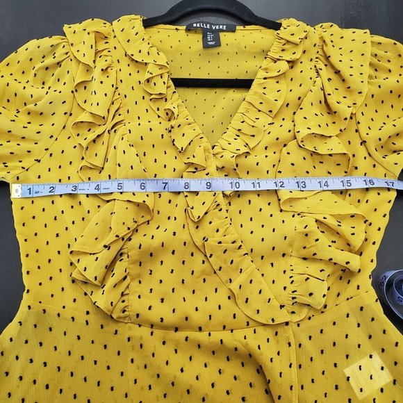 𝅺belle Vere Mustard Black Polka Dot Ruffled V-Neck Peplum Blouse Size S - Picture 6 of 6